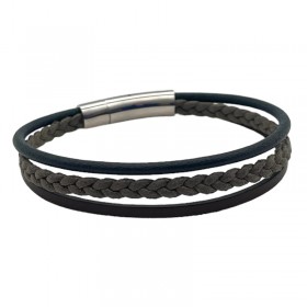 Bracelet jonc multi-rangs - Liens coton tressé kaki & cuir bleu marron LOOP AND CO
