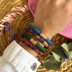Bracelet Jonc BOUDDHISTE Chance - Tissu Sari vintage, Texturé épais, rose fuschia TAILLE M