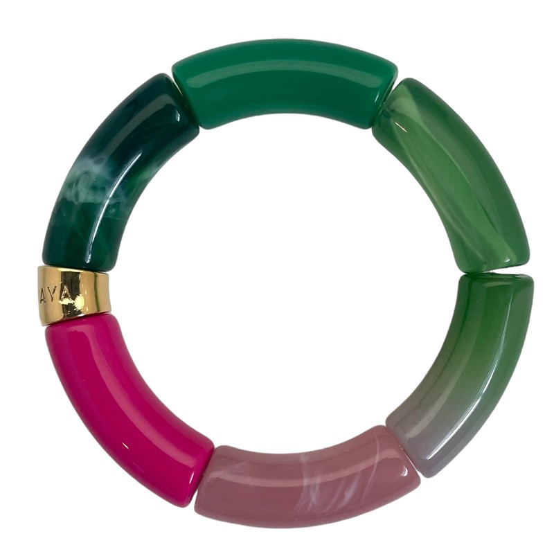 Bracelet jonc élastiqué MANDEVILLA 1 - Camaïeux de verts, fuchsia & rose poudré PARABAYA