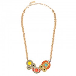 Collier court chaîne CIRCUS Or - Plastron antique & Perles corail jaune turquoise signé SATELLITE