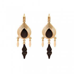 Boucles d'oreilles Pendantes MIKONA Or - Plume de faisan & Résine émaillée noire signées SATELLITE