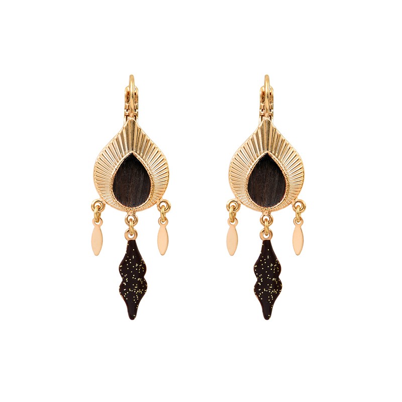Boucles d'oreilles Pendantes MIKONA Or - Plume de faisan & Résine émaillée noire signées SATELLITE Boucles d'oreilles Pendantes MIKONA Or - Plume de faisan & Résine émaillée noire signées SATELLITE