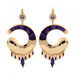 Boucles d'oreilles Pendantes MIKONA Or - Plumes de faisan violet beige & Gouttes signées SATELLITE