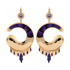 Boucles d'oreilles Pendantes MIKONA Or - Plumes de faisan violet beige & Gouttes signées SATELLITE