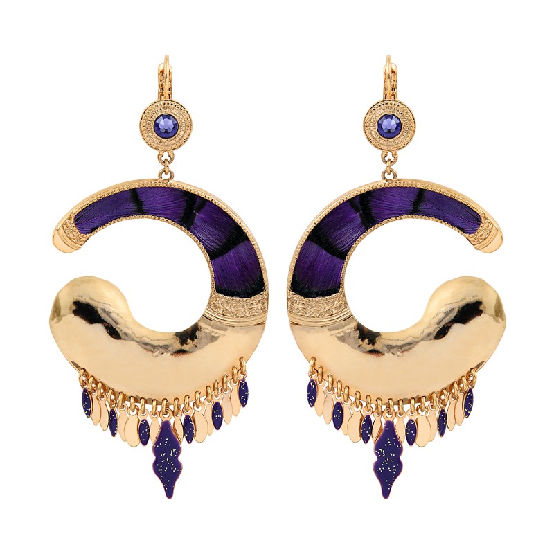 Boucles d'oreilles Pendantes MIKONA Or - Plumes de faisan violet beige & Gouttes signées SATELLITE