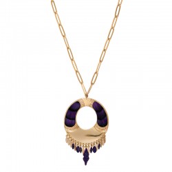 Collier court chaîne MIKONA Or - Pendentif plume de faisan violet & Gouttes