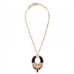 Collier court chaîne MIKONA Or - Pendentif plume de faisan violet & Gouttes signé SATELLITE