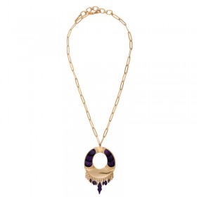 Collier court chaîne MIKONA Or - Pendentif plume de faisan violet & Gouttes signé SATELLITE