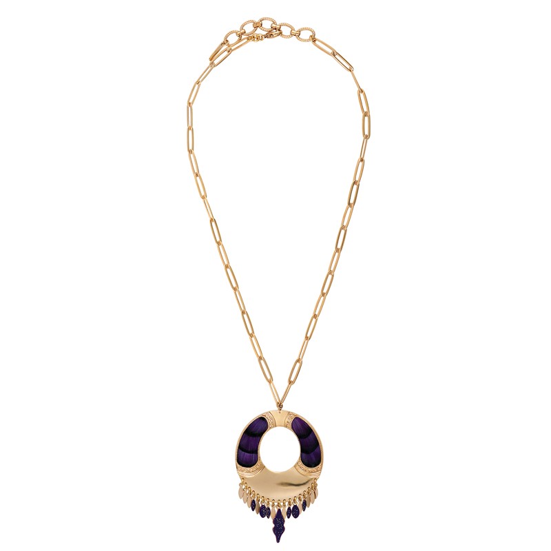 Collier court chaîne MIKONA Or - Pendentif plume de faisan violet & Gouttes signé SATELLITE