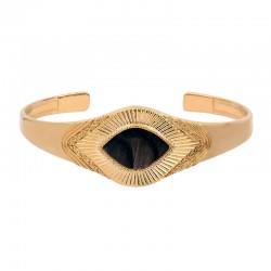 Bracelet Jonc ouvert MIKONA doré & Oeil plume de faisan noire signé SATELLITE