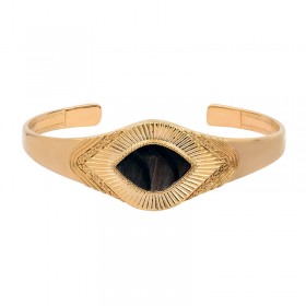 Bracelet Jonc ouvert MIKONA doré & Oeil plume de faisan noire signé SATELLITE