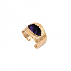 Bague large ajustable MIKONA dorée - Anneau & Oeil plume de faisan violet signée SATELLITE