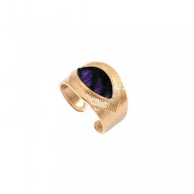 Bague large ajustable MIKONA dorée - Anneau & Oeil plume de faisan violet signée SATELLITE