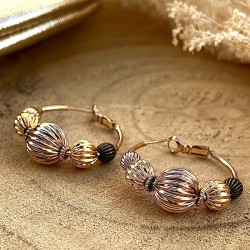 Boucles d'oreilles créoles INTI Perles noir doré striées - 3 cm