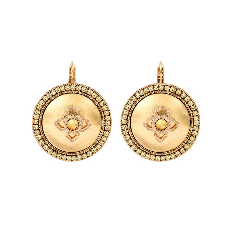 Boucles d'oreilles Dormeuses PORTE-BONHEUR Or - Cristal Prestige jaune & Feuille cuivre dorée signées SATELLITE Boucles d'oreilles Dormeuses PORTE-BONHEUR Or - Cristal Prestige jaune & Feuille cuivre dorée signées SATELLITE