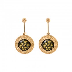 Boucles d'oreilles Créoles PORTE-BONHEUR Or & Cabochon pâte de verre noir constellé signées SATELLITE