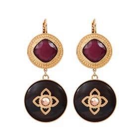 Boucles d'oreilles pendantes PORTE-BONHEUR Or - Cristal rose & Bois Kamakong noir signées SATELLITE