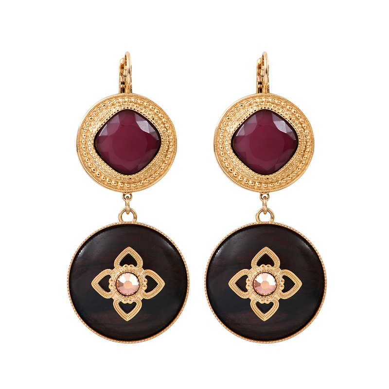 Boucles d'oreilles pendantes PORTE-BONHEUR Or - Cristal rose & Bois Kamakong noir signées SATELLITE Boucles d'oreilles pendantes PORTE-BONHEUR Or - Cristal rose & Bois Kamakong noir signées SATELLITE