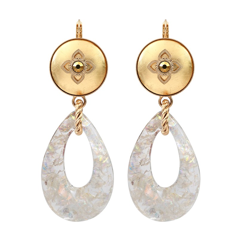 Boucles d'oreilles pendantes PORTE-BONHEUR Or - Feuille de cuivre dorée & Résine émaillée blanche signées SATELLITE Boucles d'oreilles pendantes PORTE-BONHEUR Or - Feuille de cuivre dorée & Résine émaillée blanche signées SATELLITE