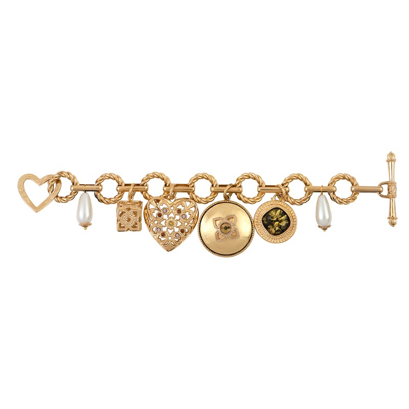 Bracelet Chaîne PORTE- BONHEUR doré - Multi médailles & Perles effet nacré signé SATELLITE Bracelet Chaîne PORTE- BONHEUR doré - Multi médailles & Perles effet nacré signé SATELLITE