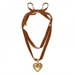 Collier long PORTE-BONHEUR Or - Cordon velours marron & Pendentif Coeur doré signé SATELLITE