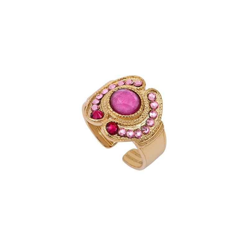 Bague large ajustable CIRCUS dorée - Anneau & Décor baroque Cristal Prestige rose signée SATELLITE Bague large ajustable CIRCUS dorée - Anneau & Décor baroque Cristal Prestige rose signée SATELLITE