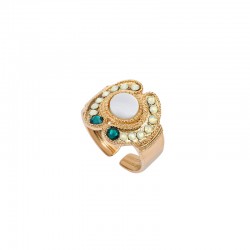 Bague large ajustable CIRCUS dorée - Anneau & Décor baroque Cristal Prestige blanc signée SATELLITE
