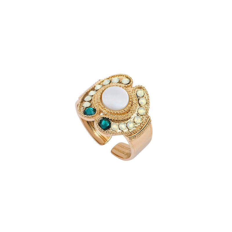 Bague large ajustable CIRCUS dorée - Anneau & Décor baroque Cristal Prestige blanc signée SATELLITE Bague large ajustable CIRCUS dorée - Anneau & Décor baroque Cristal Prestige blanc signée SATELLITE