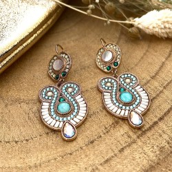 Boucles d'oreilles dormeuses CIRCUS Or - Perles blanches & turquoise