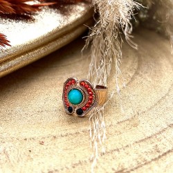 Bague ajustable CIRCUS Or - Anneau large & Décor baroque Corail Turquoise