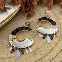 Boucles d'oreilles Pendantes MIKONA Or - Plumes de faisan noire beige & Gouttes