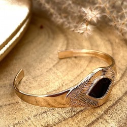 Bracelet Jonc ouvert MIKONA doré - Oeil en plume de faisan marron