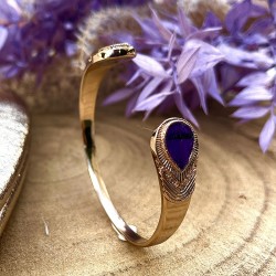 Bracelet Jonc ouvert MIKONA doré & Gouttes plumes de faisan violet