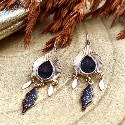 Boucles d'oreilles MIKONA Or - Plume de faisan & Résine émaillée marron
