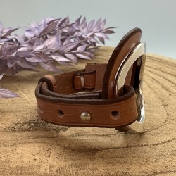 Bracelet Manchette Ambar - Ceinture cuir camel & Boucle métal design