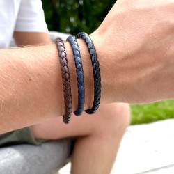 Bracelet jonc homme Cuir noir - Tressé serpent rond TAILLE L