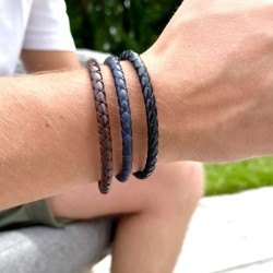 Bracelet jonc Mixte - Cuir tressé serpent rond bleu & Clic métal TAILLE L