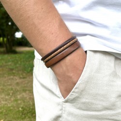 Bracelet jonc large homme - Multi-rangs cuir marron et camel TAILLE L