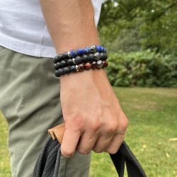 Bracelet perles homme élastiqué - Onyx noires & Lapis Lazuli TAILLE M