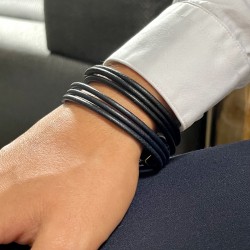 Bracelet jonc multirangs homme - Cuir bleu marine & Fermoir métal TAILLE S