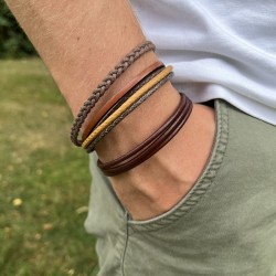 Bracelet jonc multirangs homme - Cuir bleu marine & Fermoir métal TAILLE M