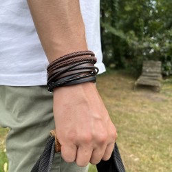 Bracelet jonc multi tours Mixte - Métal & cuir marron TAILLE S