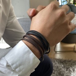 Bracelet jonc multi tours Mixte - Métal & cuir marron TAILLE S