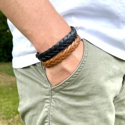 Bracelet Jonc large homme - Métal & Cuir Tressé Camel TAILLE M