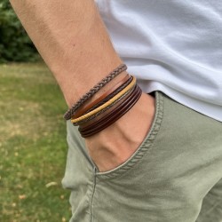 Bracelet jonc multirangs homme - Cuir marron & Fermoir métal TAILLE M