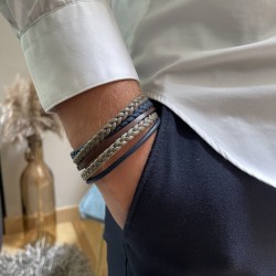 Bracelet jonc multi-rangs - Liens coton tressé kaki & cuir bleu marron TAILLE L