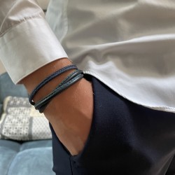 Bracelet fin mixte métal et coton ciré tressé Bleu Marine TAILLE M