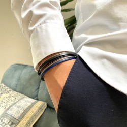 Bracelet jonc multi-rangs - Liens cuir noir & câble fin TAILLE L