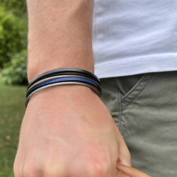 Bracelet jonc multi-rangs - Liens cuir marron bleu & câble fin TAILLE M