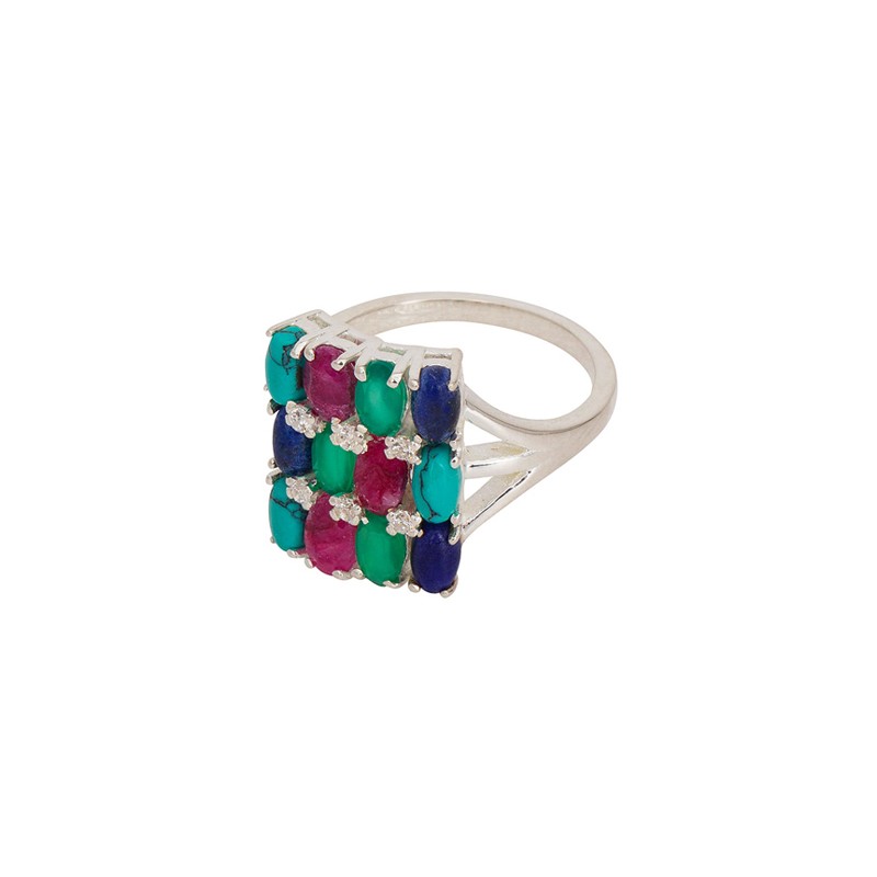 Bague BOLIVIA - Anneau argent & Pavage rectangulaire Fuchsia Turquoise UNE A UNE